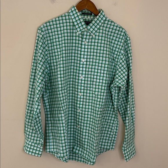 Lands' End Men's No Iron Twill Green Plaid Button Down Shirt 100% cotton SZ LG - Picture 1 of 10